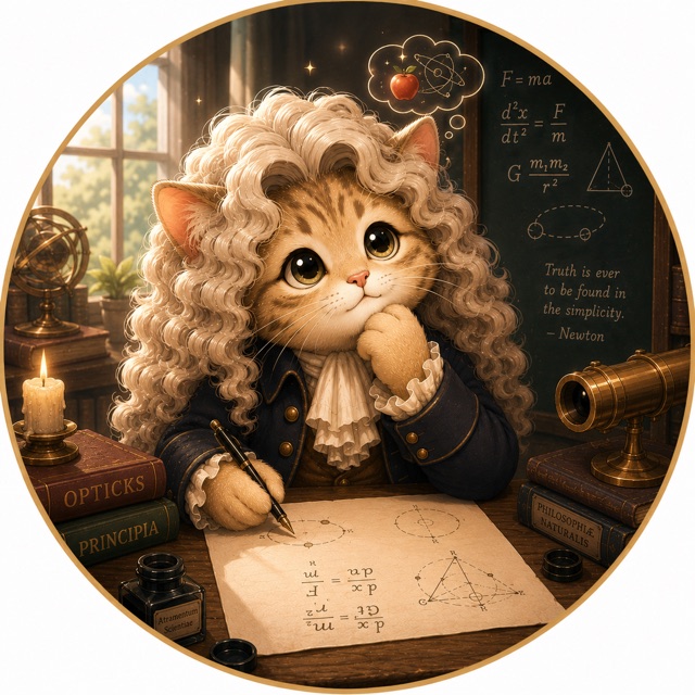 Mu the Caret Cat, in a curled wig, writing formulas at a desk